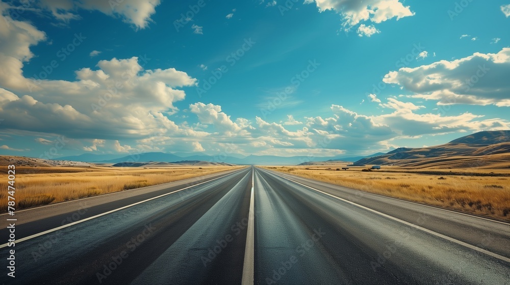 compelling image capturing the essence of a road journey on a highway. Showcase the open road stretching into the horizon, surrounded by landscapes that evoke a sense of adventure. 