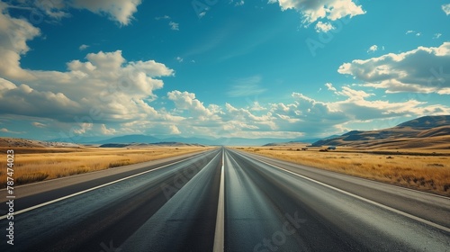 compelling image capturing the essence of a road journey on a highway. Showcase the open road stretching into the horizon, surrounded by landscapes that evoke a sense of adventure. 