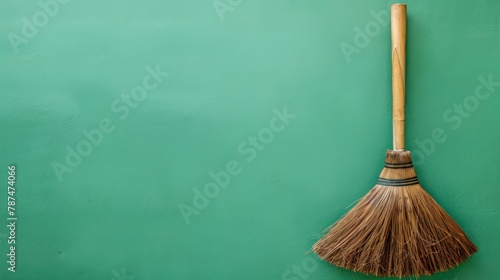 A single cleaning broom positioned against a vibrant green background, emphasizing simplicity and cleanliness