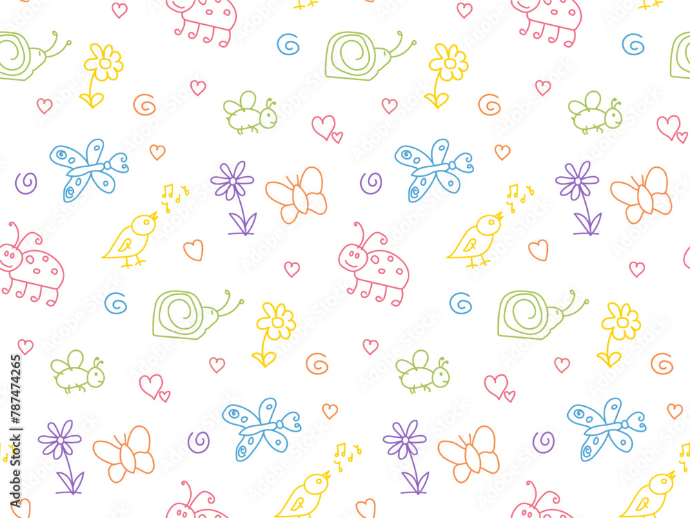 Funny characters drawn in doodle style. Colorful seamless pattern. Cute children's drawings of abstract animals. Summer pattern for wallpaper, packaging, cover, fabric print