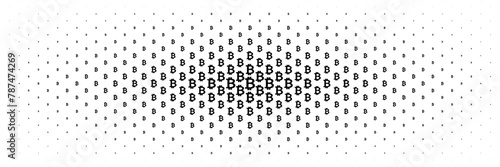 horizontal halftone spread from center of black bitcoin sign design for pattern and background.