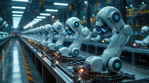High-tech manufacturing facility with Sovereign AI controlling robotic arms, showcasing unmatched precision and reduced errors. Future of production. Sovereign AI driving robotic automation