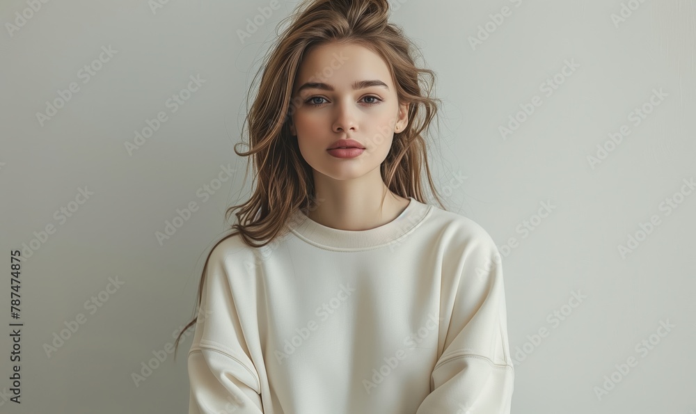 Beautiful young woman in a white sweatshirt for mock up on a white paper background. Clipping path Beautiful young woman in a white sweatshirt for mock up on a white paper background. Clipping path