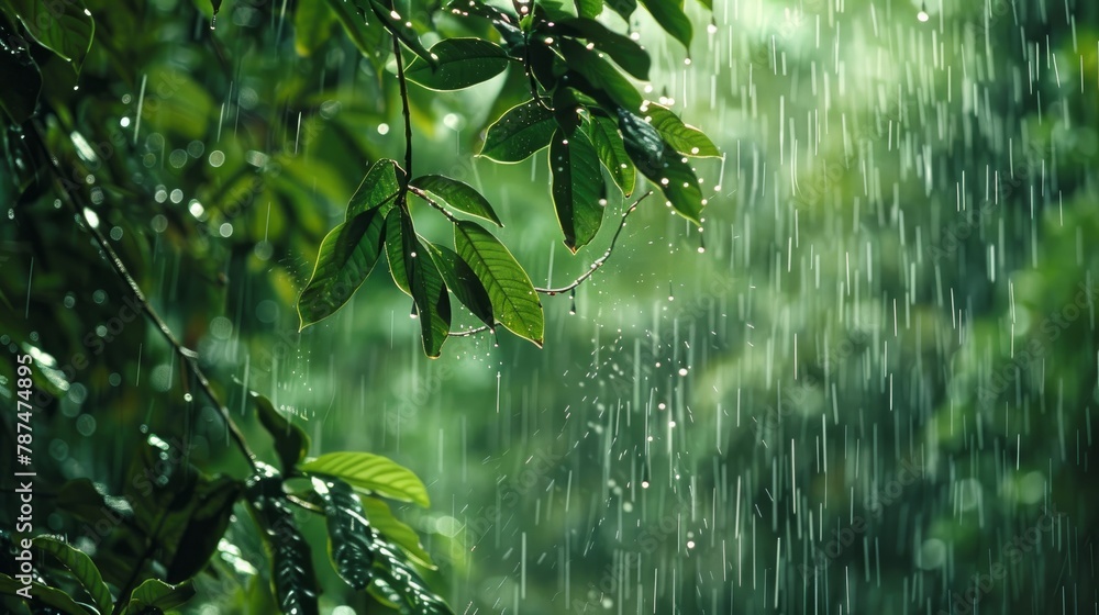 A closeup view of a dense jungle during a rain shower, capturing water