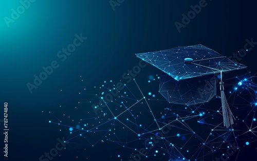 Abstract low poly style, modern digital technology background with graduation cap and network connection dots on a blue color Generative AI