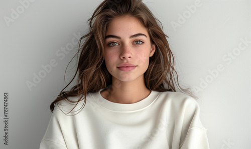 Beautiful young woman in a white sweatshirt for mock up on a white paper background. Clipping path