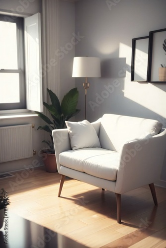 Cozy living room corner with a stylish white armchair  floor lamp  and houseplant by the window  bathed in warm sunlight.