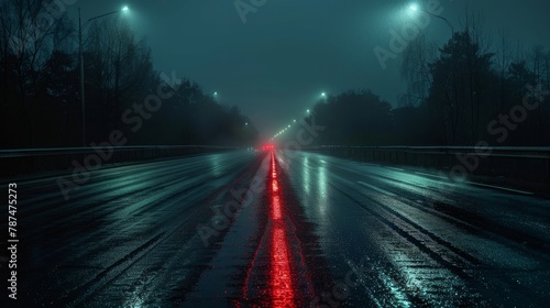 A dark, foggy night scene on an empty city highway with red backlight traces from vehicles, creating a mysterious and slightly eerie atmosphere.
