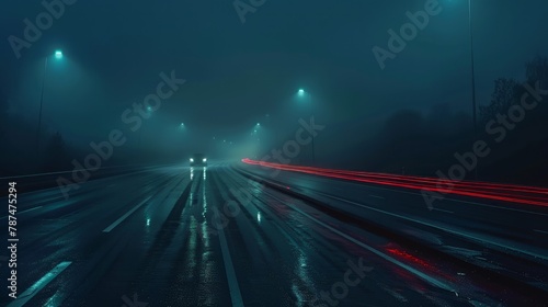 A dark, foggy night scene on an empty city highway with red backlight traces from vehicles, creating a mysterious and slightly eerie atmosphere.