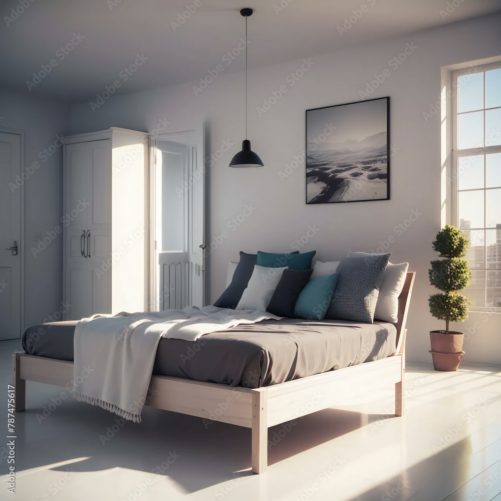 Fototapeta premium Modern bedroom with a minimalist design featuring a wooden bed, white bedding, and a large window letting in natural light.