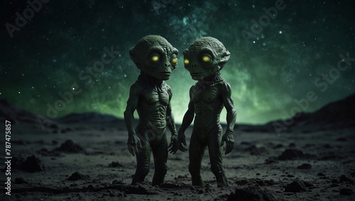 Alien creatures standing on surface of poorly lit remote planet with stars an green light