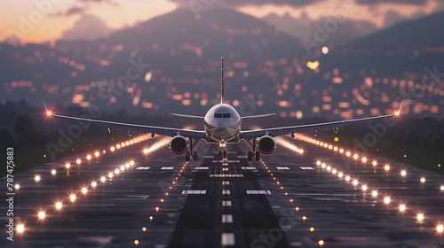 Airplane Landing approaching runway at sunrise. AI Generated