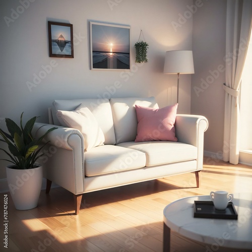 Cozy living room with a white sofa, pink cushions, a floor lamp, and decorative plants. Sunlight streams through the window.