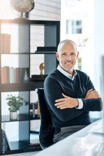 Office, portrait and mature man at desk with confidence, pride and lawyer with business opportunity. CEO, manager and businessman in workplace with legal career, smile and professional at law firm. © peopleimages.com