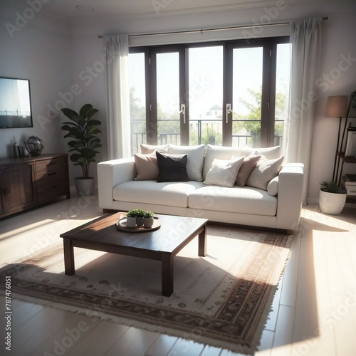 A modern living room with a white sofa, wooden coffee table, and large windows allowing natural light to fill the space.