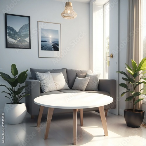 Modern living room with gray sofa, white coffee table, plants, and framed wall art in a bright, airy space.