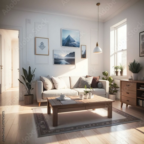 A modern living room with a white sofa, wooden coffee table, and framed artwork on the walls. Sunlight streams through the window, creating a warm, inviting atmosphere.