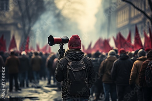 Winter strike. Activist protesting with megaphone and demonstrators in powerful rally photo