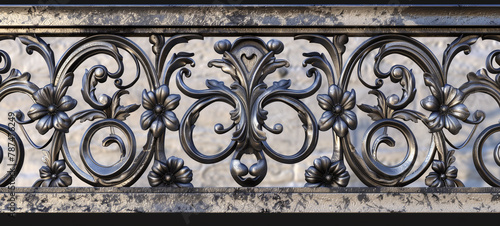 A lacework wrought iron railing, featuring ornate patterns and decorative flourishes photo