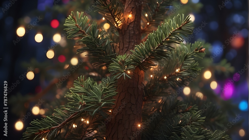 A photorealistic close-up of a pine tree with background lights, showcasing intricate details of the tree's needles, bark, and texture, illuminated by colorful lights in the background.