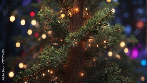 A photorealistic close-up of a pine tree with background lights  showcasing intricate details of the tree s needles  bark  and texture  illuminated by colorful lights in the background.