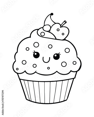  Cute Kawaii cupcake coloring Pages, Cupcake illustration, cupcake black and white, cupcake flat design, cake vector art.