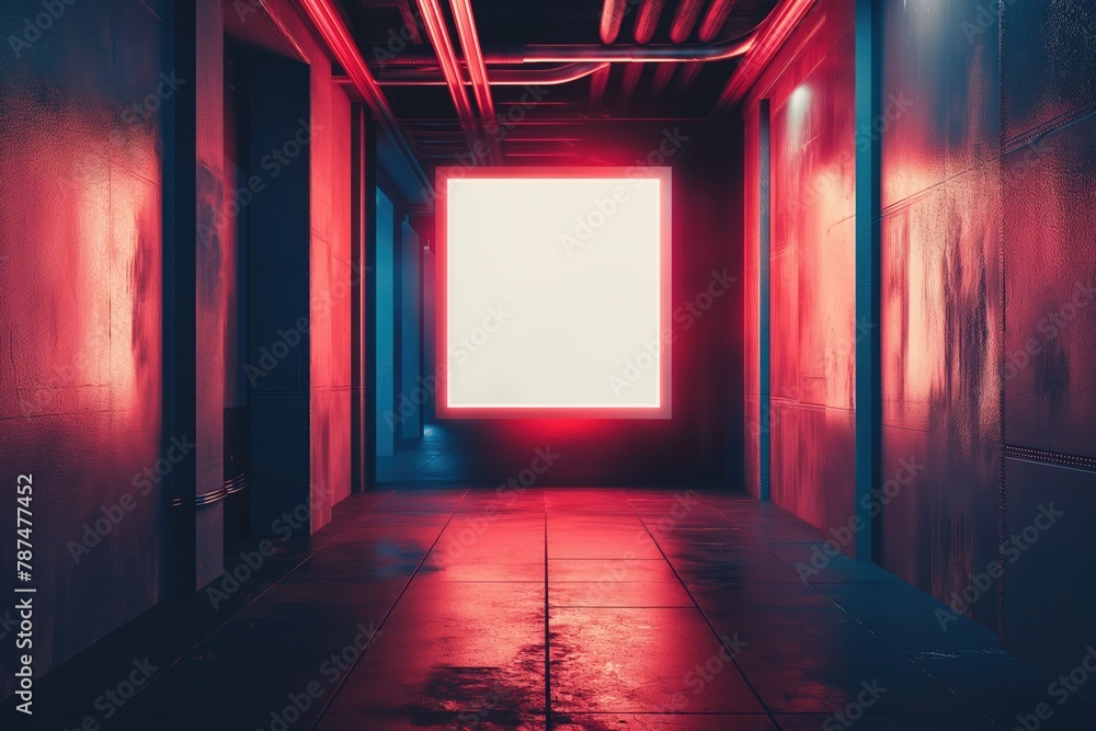 A mockup of a blank square photo frame hanging in the middle of wall with Futuristic, cyberpunk decoration. A mockup of a blank square photo frame hanging in the middle of wall with Futuristic, cyberpunk decoration.