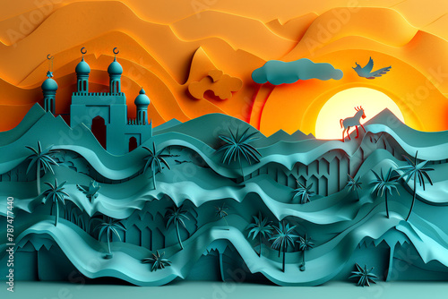 Stylized paper art of a mosque in a desert landscape during sunset, with palm trees and animals. Card for an Islamic holiday.