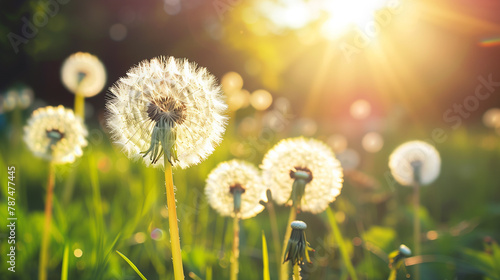 of dandelion flowers, known for their pollen production, pivotal for plant reproduction but also potentially triggering for allergies.