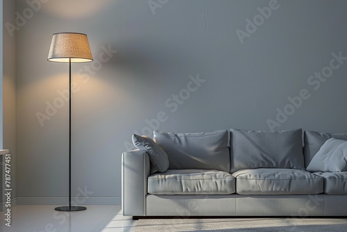 Modern couch with included floor lamp in living room photo