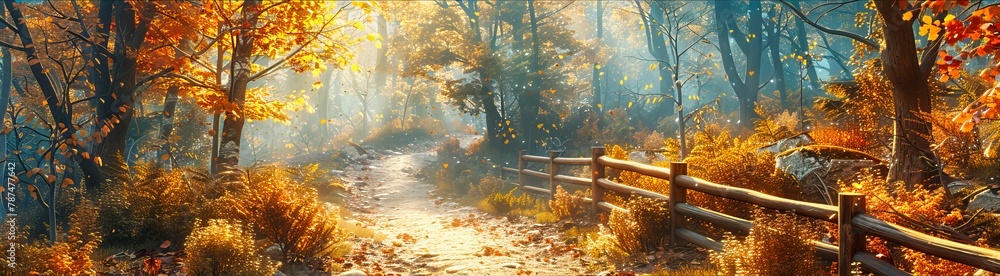 Sunlit Autumn Path in Forest, Vibrant Foliage Creating a Colorful Canopy, Peaceful and Scenic Walk in Nature