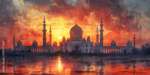 Sunset view of a mosque with a vivid orange sky and reflection over water, artistic impression. Card for an Islamic holiday.