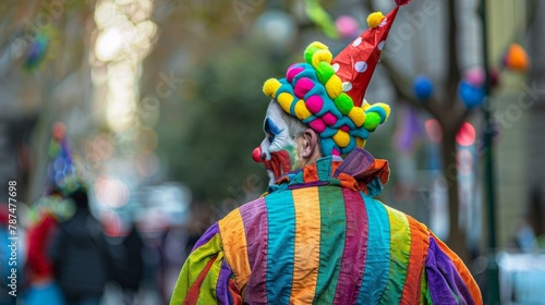 A man dressed as a jester stands with back to the camera colorful costume and playful stance hinting at the character embodies. . .