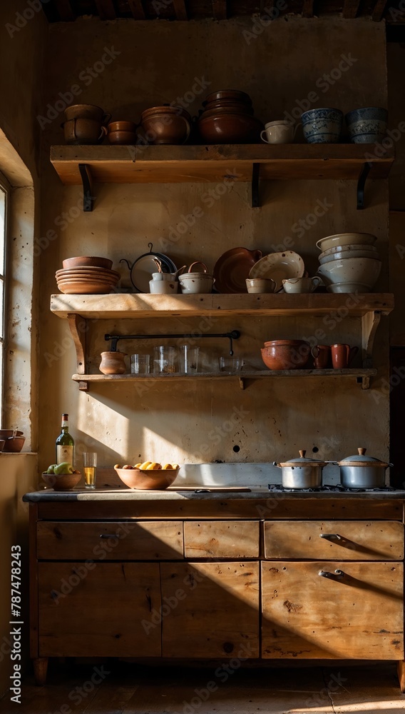 A kitchen with a wooden counter and shelves full of dishes
