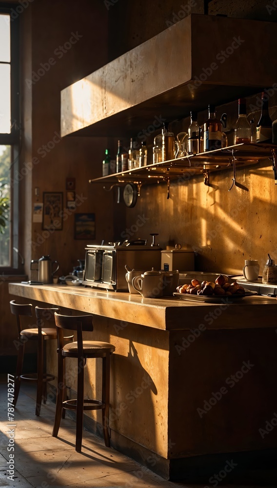 A kitchen with a wooden counter and a bar with two stools A kitchen with a wooden counter and a bar with two stools