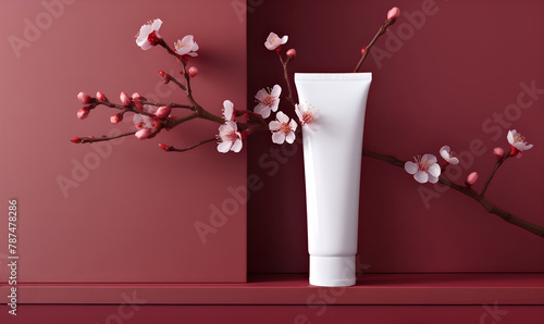 White cosmetic tube mockup surrounded of sakura branch with flowers, against maroon background, studio shot. AI generated
