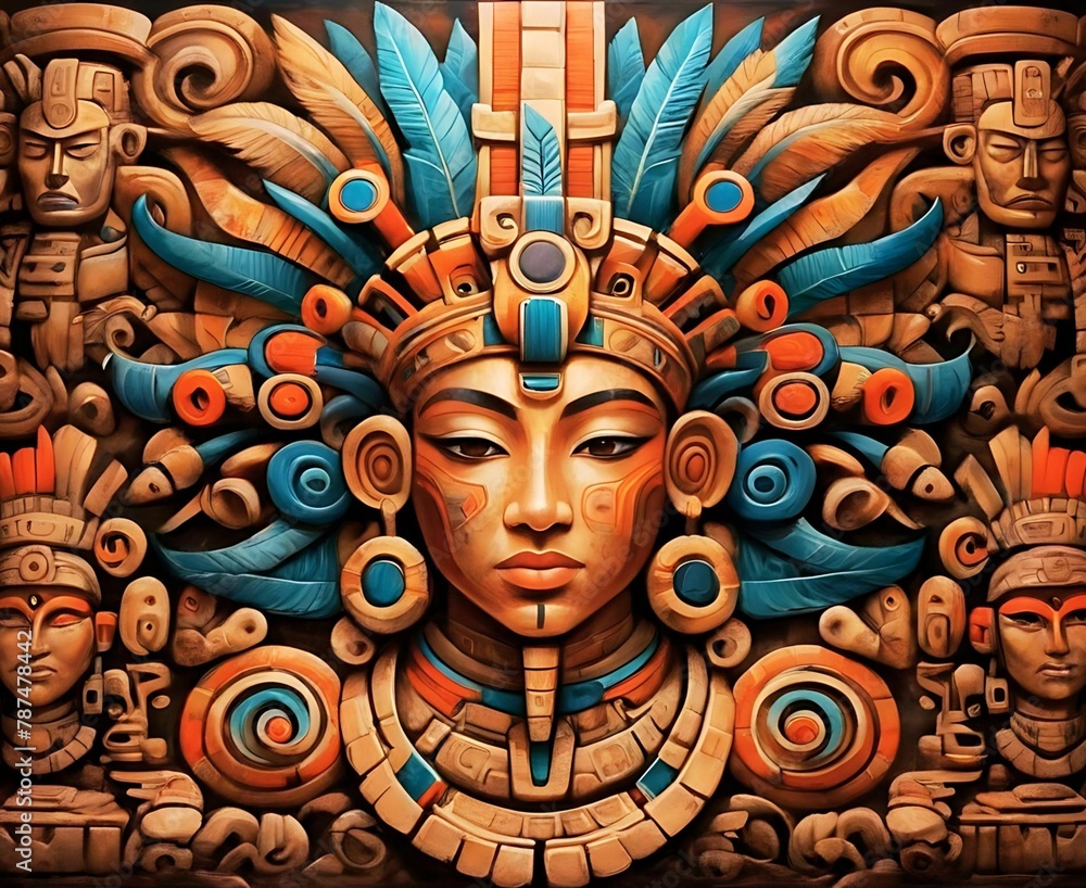 Fototapeta premium Mayan style art wooden design with face and blue feather headdress 