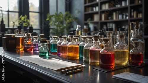 Collection of glass bottles filled with liquids of various colors neatly arranged on dark countertop. These colors range from clear to amber, teal, brown. Bottles of different shapes, sizes.