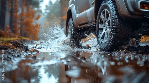 Dynamic Drive: Splashing Through Puddles. Concept Exploring Nature, Adventure Photography, Rainy Day Fun, Outdoor Activities photo