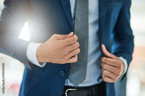 Fashion, hands and suit with business man closeup in office for ambition or start of work day. Company, corporate and getting ready in formal clothes with employee at workplace for job opportunity