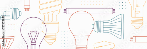 Vector geometric pattern with different types of light bulb on white background. Minimal flat style banner or wallpaper
