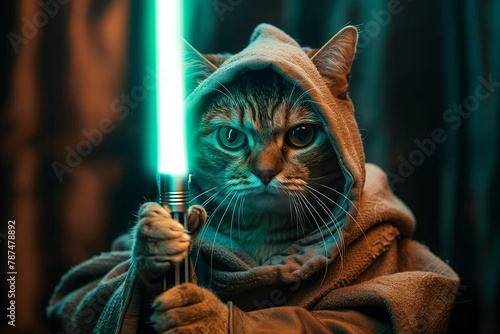 A cat in a robe holding a green lightsaber on a blurred 
dark background. Fantasy art style.