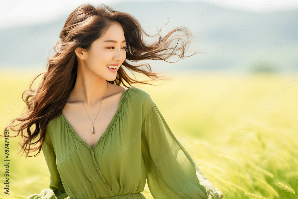 Portrait of a beautiful smiling Asian woman with long hair wearing a summer green dress walking through a green field. Portrait of a beautiful smiling Asian woman with long hair wearing a summer green dress walking through a green field.