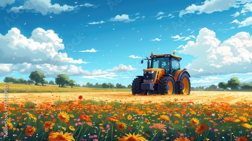 Agriculture, nature and farming. Summer. The tractor pulls the plow behind it, field, trees and farm vector illustrations for poster, background. Poster. Vector art style, vector design procreate. photo