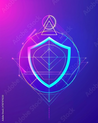 A logo depicting a shield and data security symbol against a purpleblue gradient background in a futuristic, minimalist style using bright colors and vector graphics The shield is depicted in an abstr photo