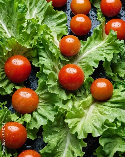 Ripe tomatoes lie on salad leaves. Fresh ripe tomatoes and lettuce covered with drops of water. Lettuce closeup banner. Healthy nutrition concept.