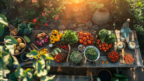 Assorted fresh vegetables on a garden table.