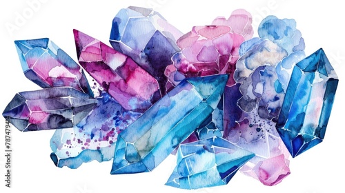 Watercolor design featuring gemstones in shades of blue purple and pink Hand drawn artwork on a white backdrop photo
