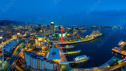 Panoramic of Cityscape and traffic at night in Kobe  Japan.