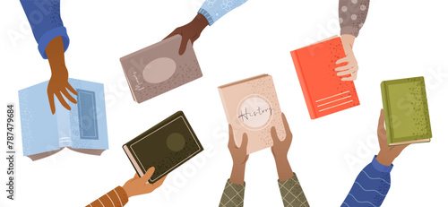 Book exchange or bookcrossing web banner. Education and knowledge concept, human hands holding various books on white background. Literature event, book club, World Book Day. Vector illustration.